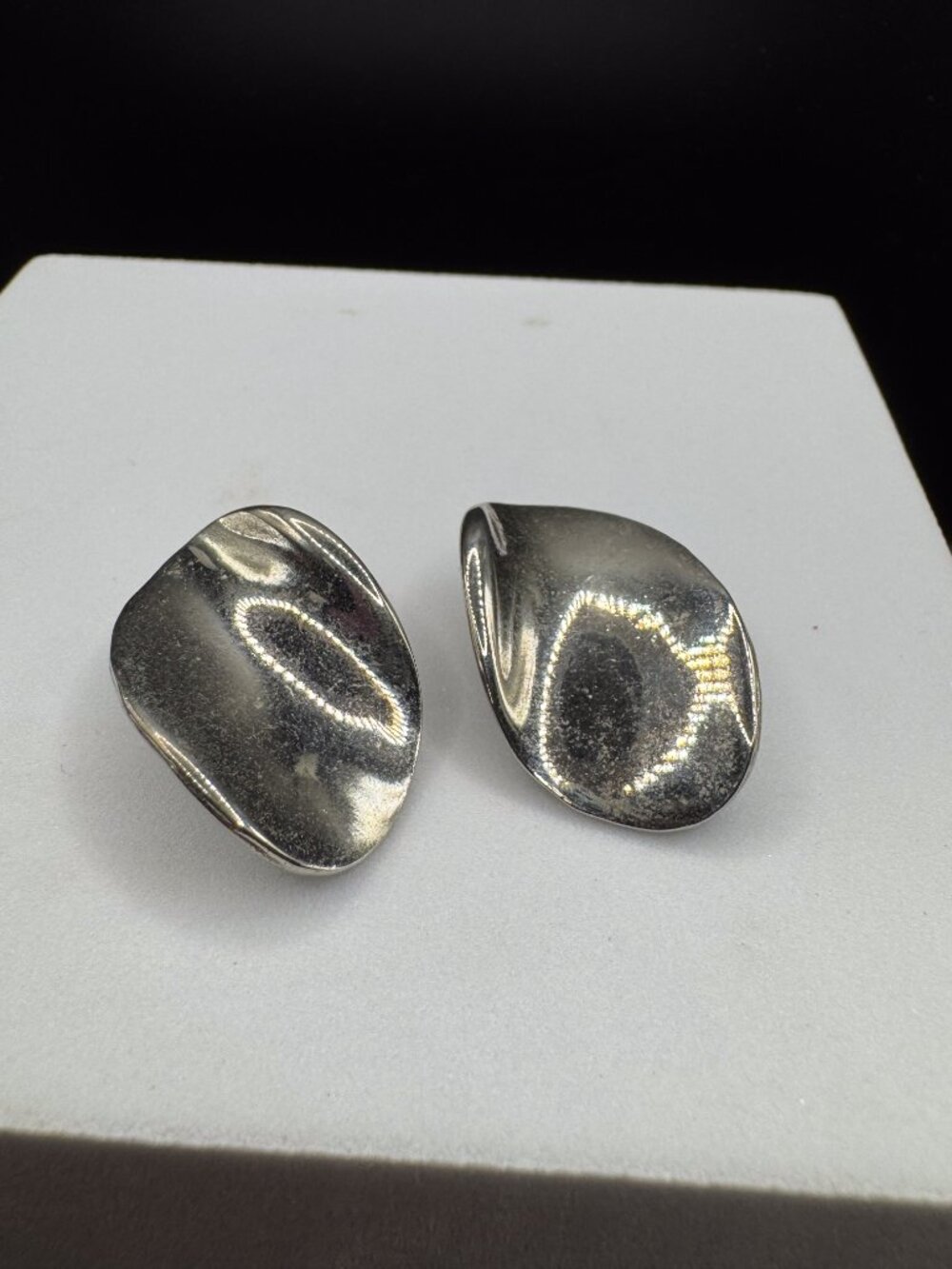 Vintage Austria Modernist Silver Tone Clip On Earrings Abstract Organic Shape